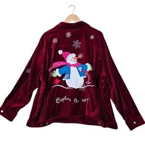 New Quacker Factory "Capture the Magic" Red Velvet Snowman Christmas Jacket Med